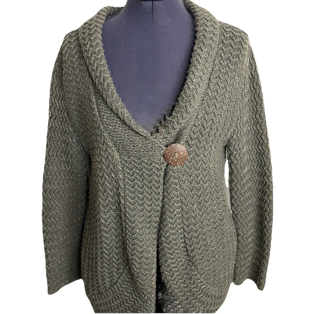 Pure Handknit Fresh‎ Produce Chunky Knit Cardigan Sweater XS/S Green Gold Boho